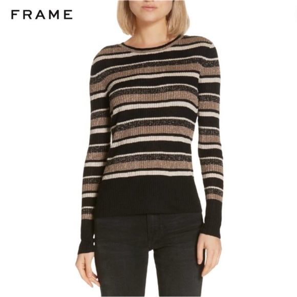 FRAME Metallic Striped Sweater In Gold - Picture 1 of 7